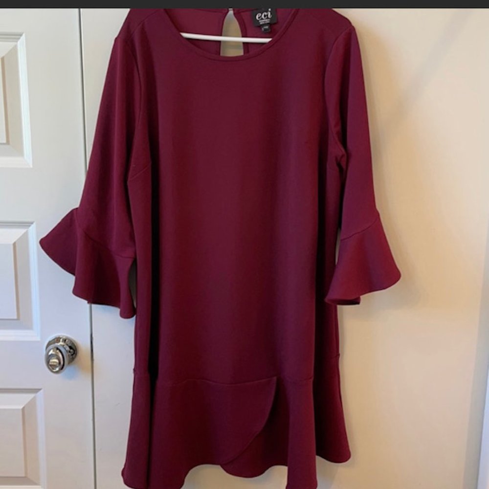 ECI Plus Dress maroon wine ruffled bell sleeve dress. NWT